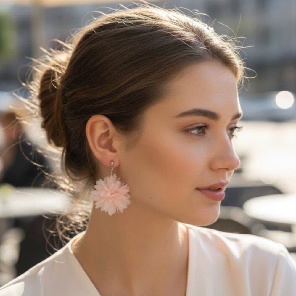 Pale Pink Tulle Floral Pom Pom Drop Earrings Soft Chiffon Flower Petal Statement